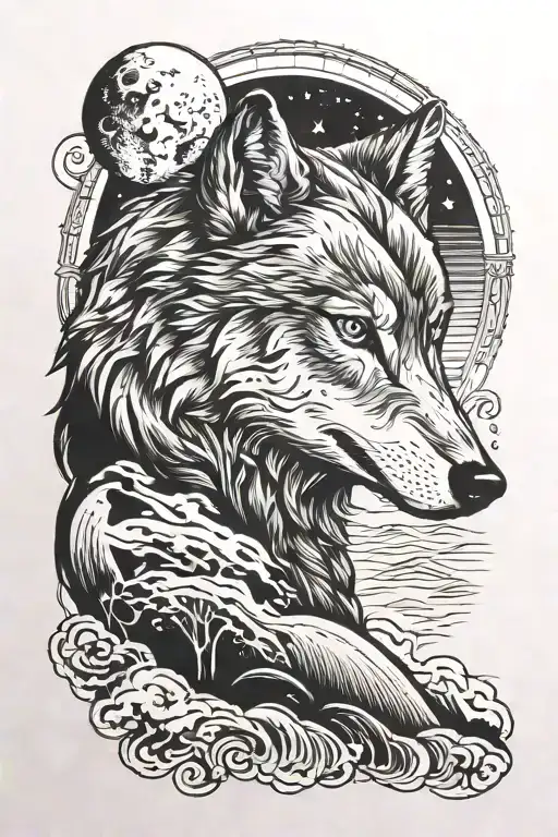 Calm Wolf With Moon