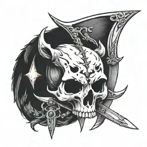 Animal Bear Skull With Moon And Sword Piercing Center