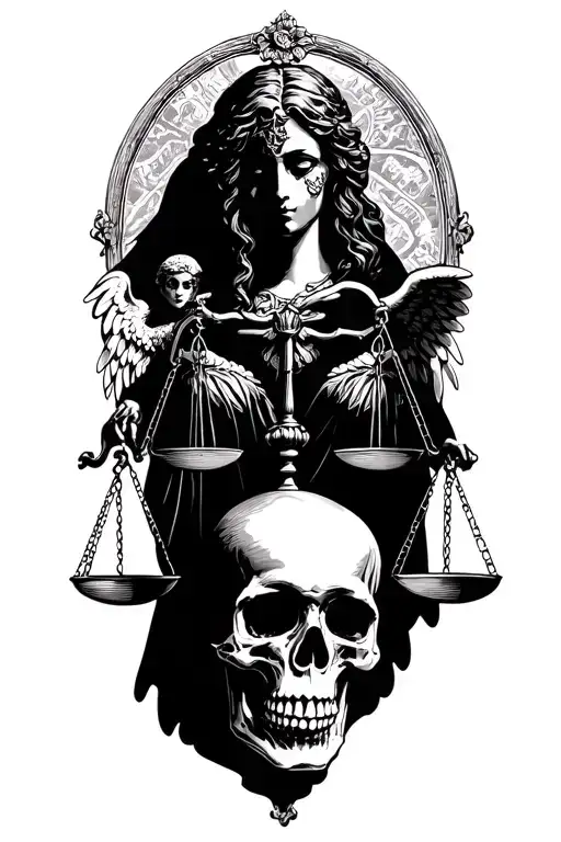 Lady Justice With Libra Scale Weighing A Skull And Angel