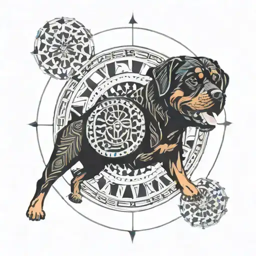 A Dart Board With Intricate Patterns And A Silhouette Of A Rottweiler In The Center