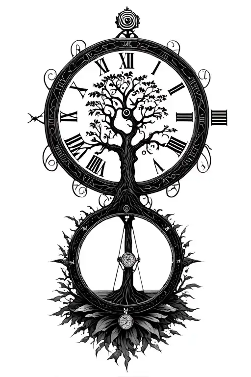 Infinity And Tree Of Life And Roman Time Clock And Balance