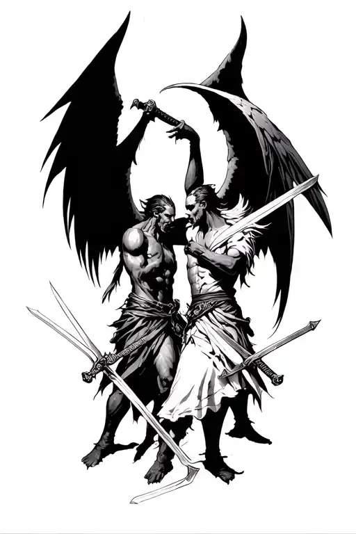 Demons And Angels Fighting Represented As Swordsmans