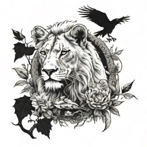 Lioness And Lion Cub In The Forest With Crows