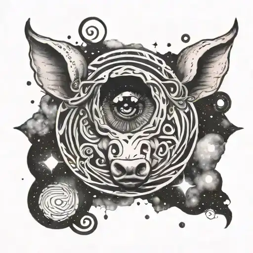 A Cosmic Pig Tattoo With A Galaxy Swirl Pattern And A Third Eye