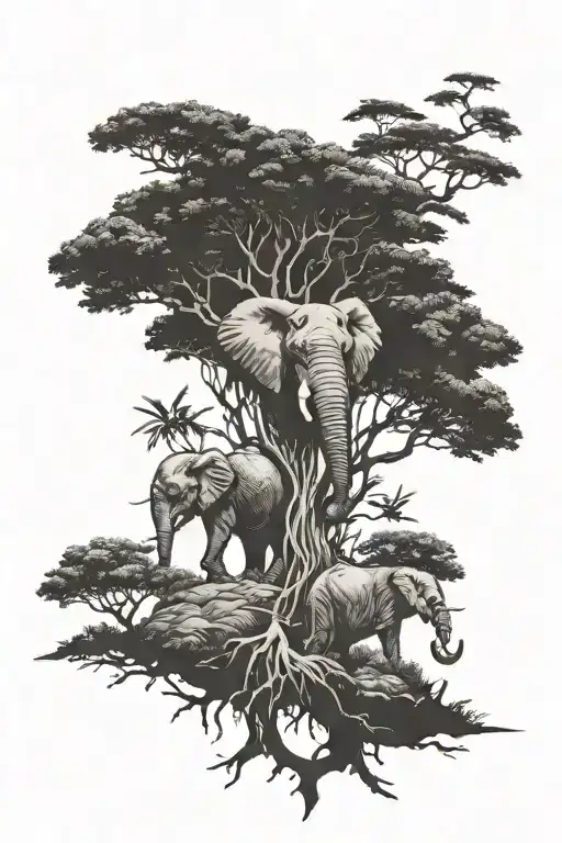 Half An Elephant Head And Half A Savannah Tree