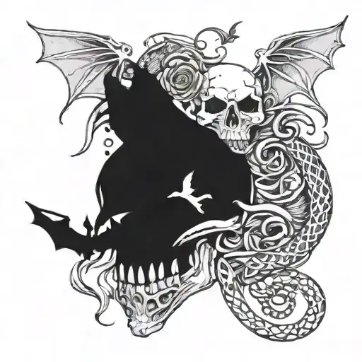Witchy Snake Wrapping Around A Skull Surrounded By Flying Bats