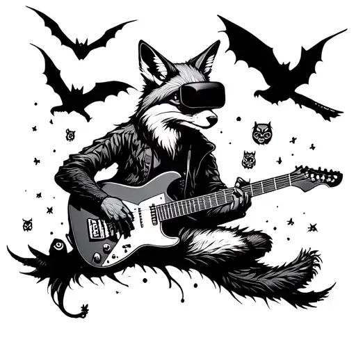 A Surreal Scene Of A Fox Playing An Electric Guitar Surrounded By Bats And Owls In A Vr Gaming World
