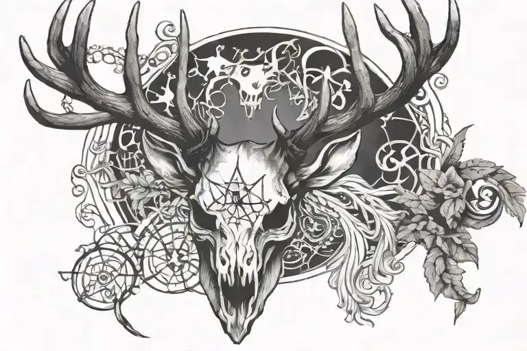 Male Stag's Head With Large Antlers Skull And Pentacle
