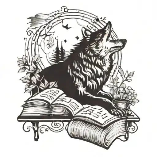 A Wolf Howling At The Moon While Surrounded By Music Notes And Books