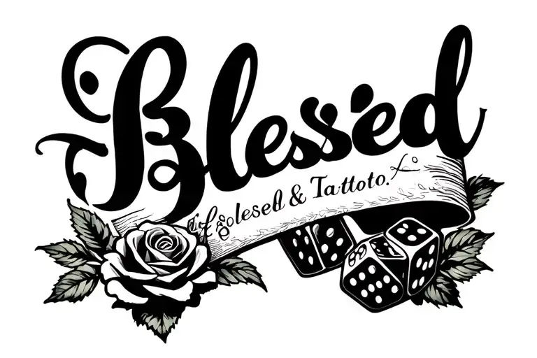 A Blessed Written Tatto With A Rose Instead Of The L And Two Dices On The Forearm
