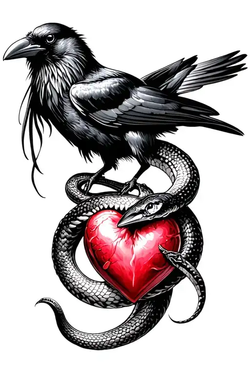 A Raven Pecking A Heart Bound By A Snake Coiled