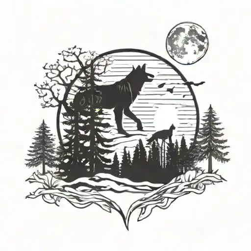 Wolf Silhouette Moon Forest Scene