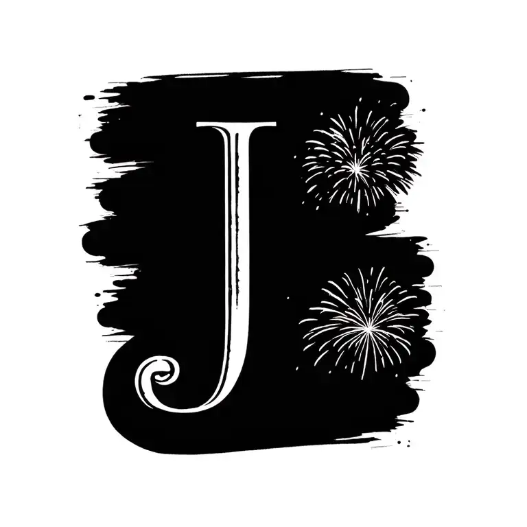 J In Cursive With Fireworks