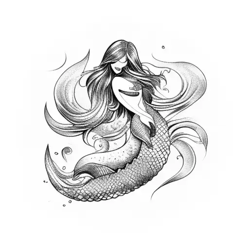 A Tattoo Of A Graceful Mermaid Surrounded By Swirling Waves And Seashells