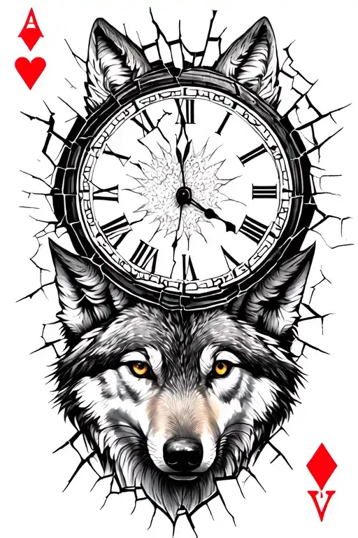 Cracked Clock And Wolf And Cards
