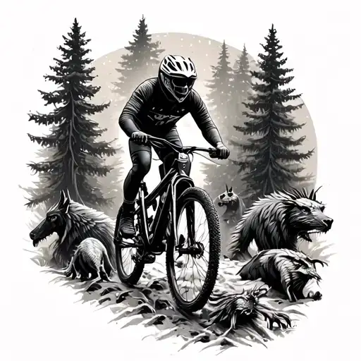 A Mountain Biker Riding Through A Forest Filled With Mythical Creatures Inspired By Norse Mythology