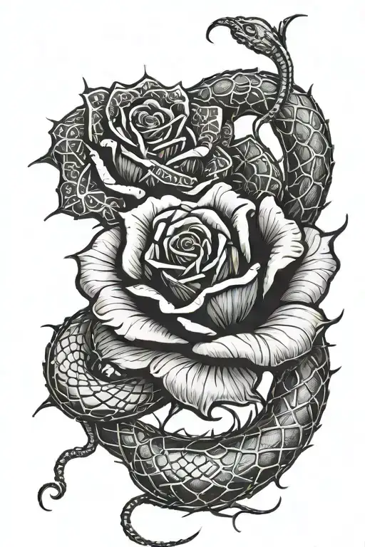 A Rose With Thorns On Stem A Snake Coiled