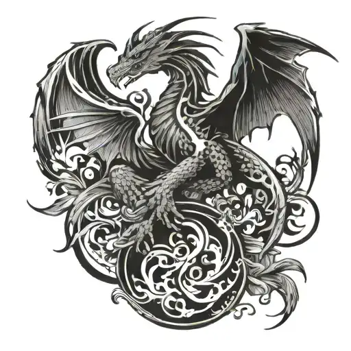 European Dragon And Phoenix Flying