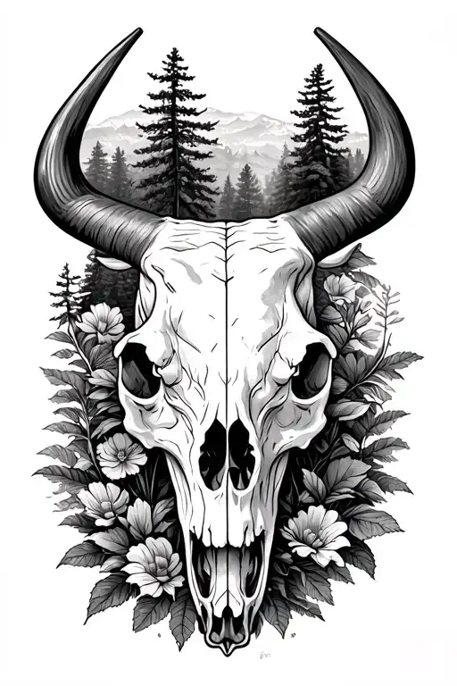 Bulls Skull Surrounded By Nature Scene