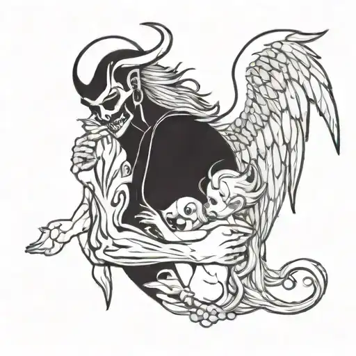Sad Demon Holding An Angel Half Demon