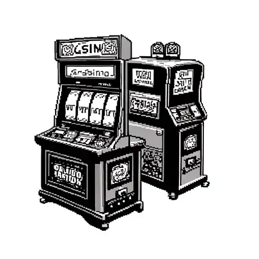 A Pixel Art Design Of A Casino Scene With Gaming Consoles And Slot Machines