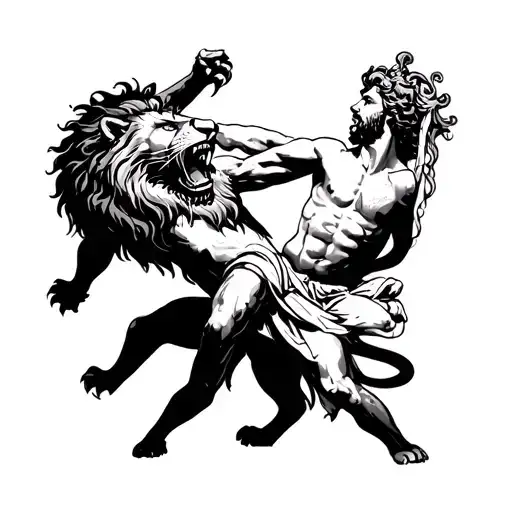 A Fierce Lion Battling A Greek God In A Mythological Scene