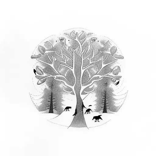 Tree Of Life With Birds And A Bear In The Trunk