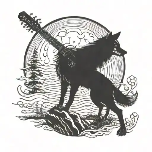 A Wolf Howling At A Full Moon With A Guitar In Its Paws