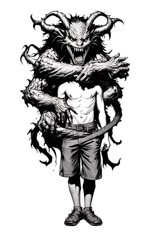 A Boy Standing With A Scary Demon Wrapped Around Him