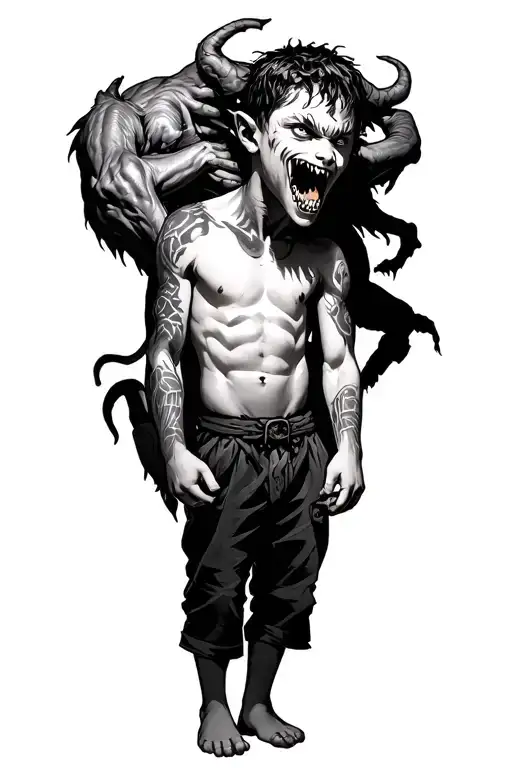 A Boy Standing With A Scary Demon Wrapped Around Him