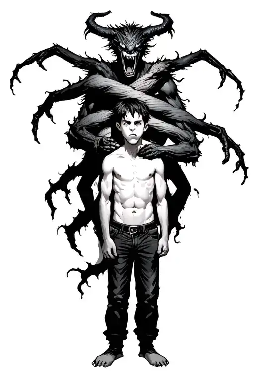 A Boy Standing With A Scary Demon Wrapped Around Him