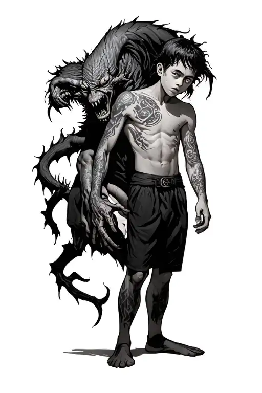 A Boy Standing With A Scary Demon Wrapped Around Him