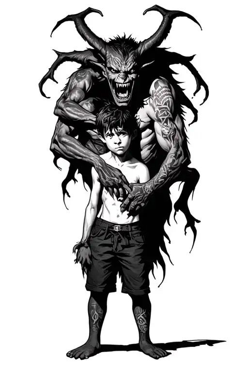 A Boy Standing With A Scary Demon Wrapped Around Him