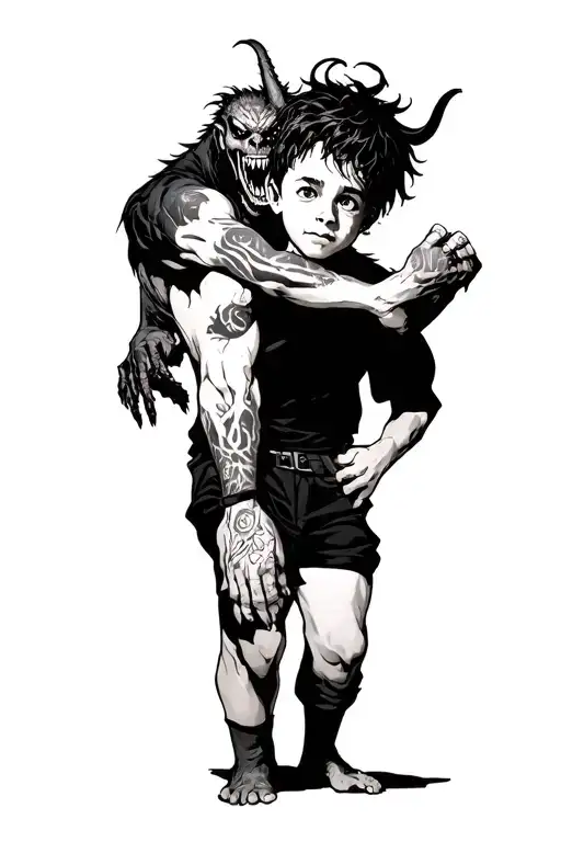 A Boy Standing With A Scary Demon Grabbing Him From Behind