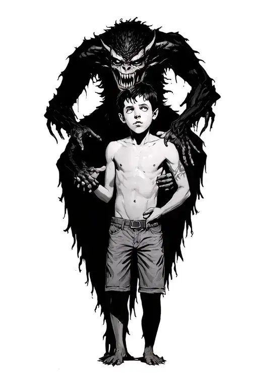 A Boy Standing With A Scary Demon Grabbing Him From Behind