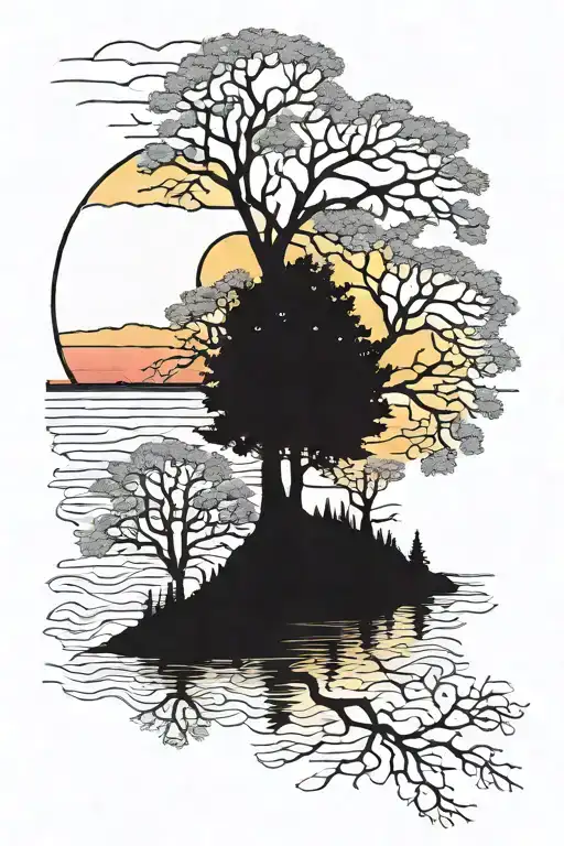 Trees Colors Sunset Over Lake