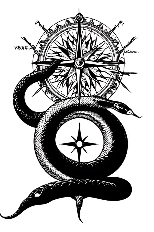 Linework Compass Over Tree And Ouroboros Snake Simple