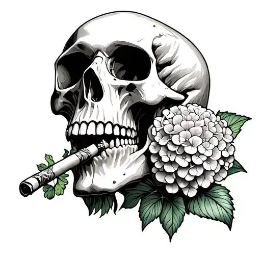Skull With A Joint In Mouth Wit Hydrangea