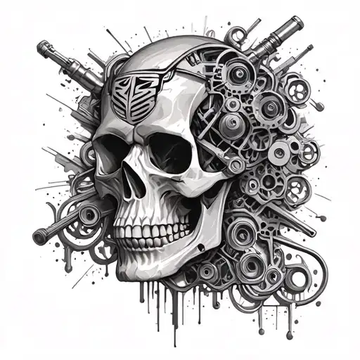 A Skull With Intricate Mechanical Details Inspired By Muscle Cars And Harley Davidson Motorcycles