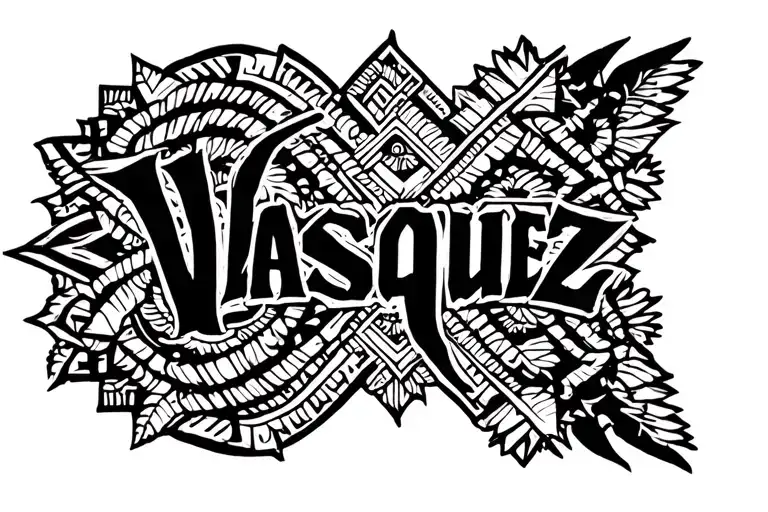 Last Name Vasquez Back Tattoo With Aztec Details Intertwined