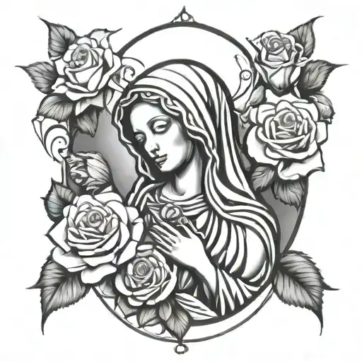 Mother Mary And 4 Roses Intertwined