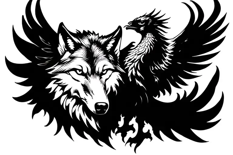 Wolf And Phoenix Rising From The Ashes