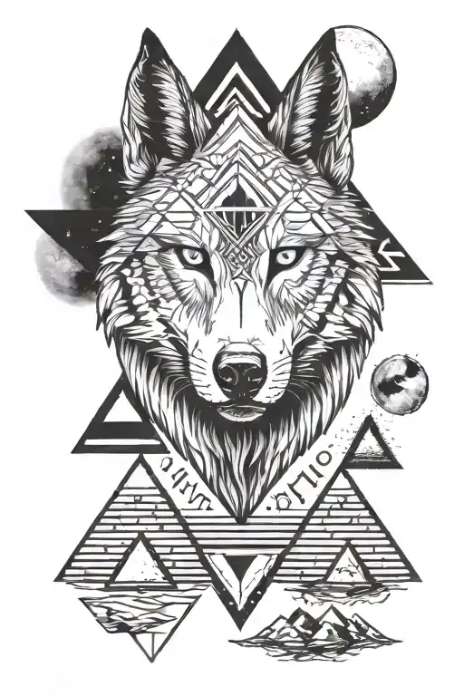 Wolf Face With Blue Eyes Surrounded By Egypt Moon And Pyramids