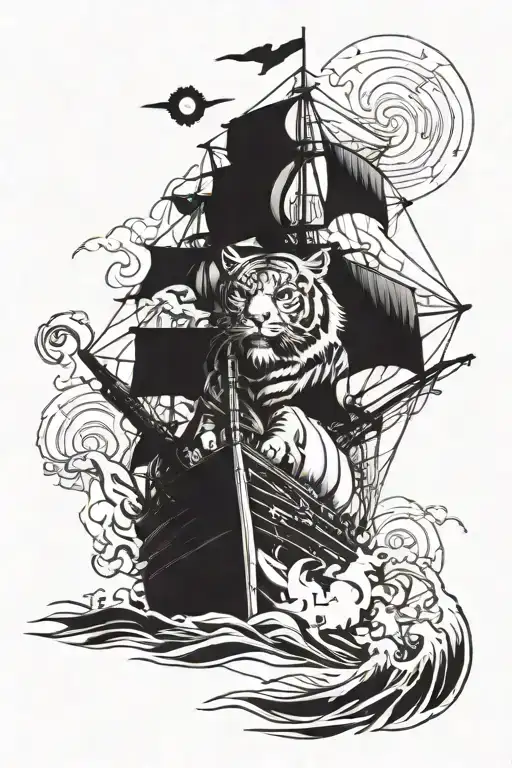 Tiger And Ship Sailing Through A Sea