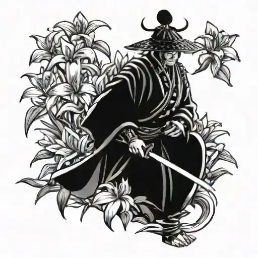 A Samurai Warrior With A Sword Planting Plants In A Garden Of Lillys