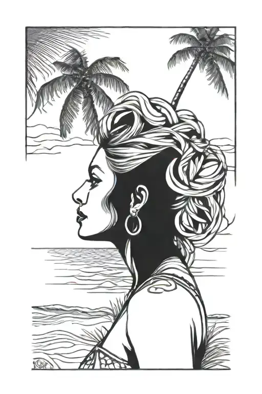 Women Face On The Beach Scene With Palm