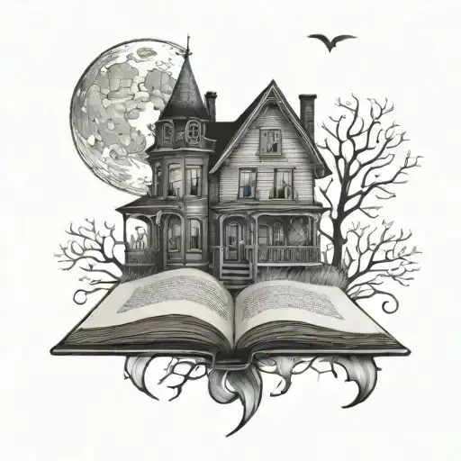 Books And Haunted House With Cresent Moon