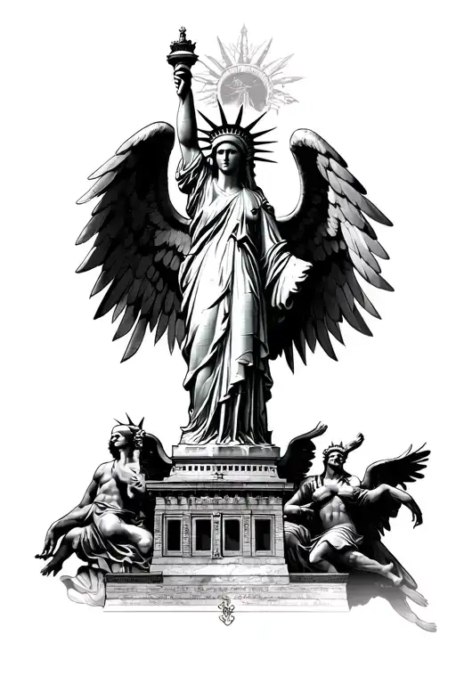 Lady Liberty On Top And Then Saint Michel Angel With Wings Stepping In Demon