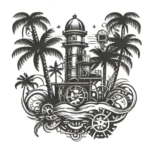 A Mechanical Engineer Themed Tattoo Incorporating Palm Trees And Beach Elements