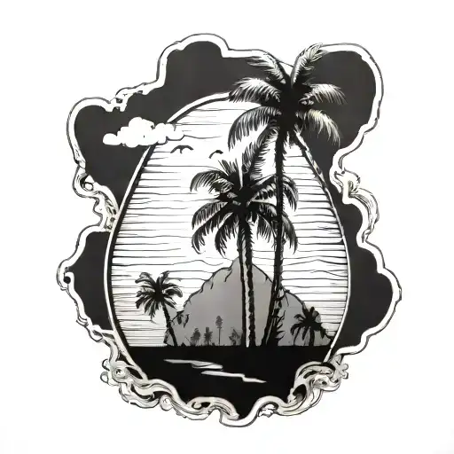 An Intricate Black And Grey Tattoo Of Palm Trees Lining The Coast Of California